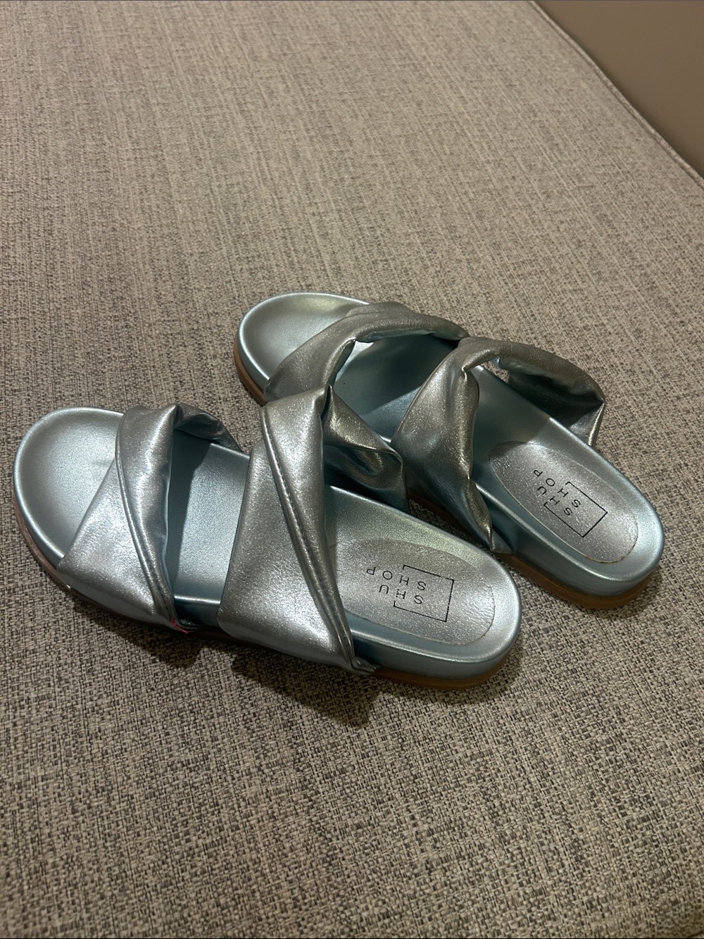 ShuShop Silver Twisted Crossover Slide Sandals